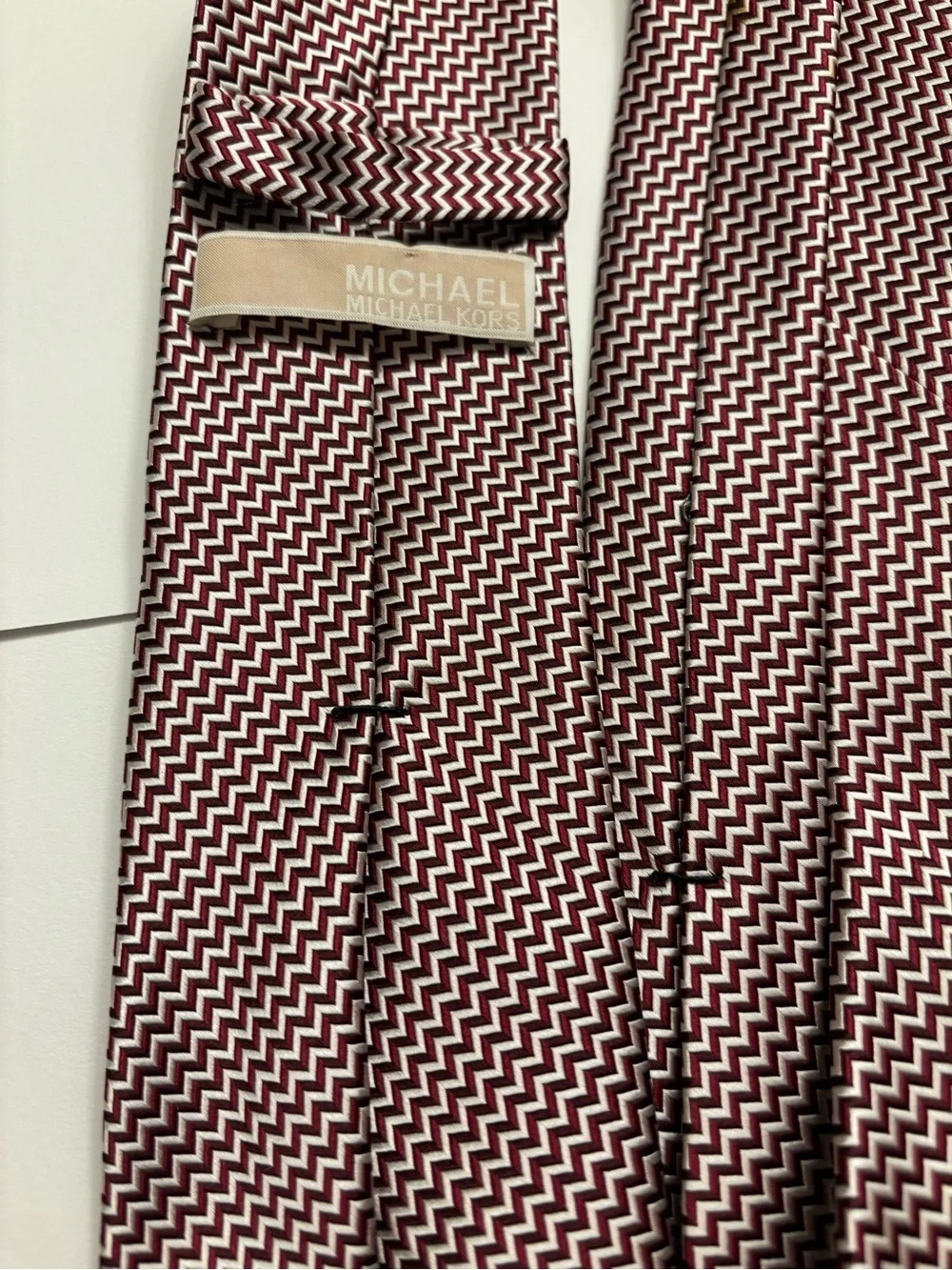 Michael Kors Silk Tie Burgundy White Chevron Pattern